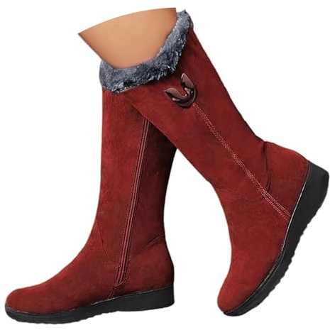 Generisch Botas de equitación de invierno para mujer, botas de invierno hasta la pantorrilla, tacón de plataforma, forro polar térmico, cremallera lateral, botas cálidas para clima frío, rojo, 39 EU