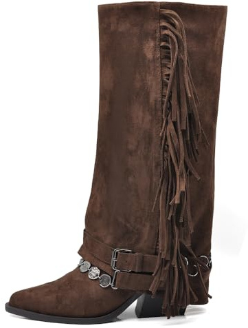 IF Stivali Texani da Donna Cowboy Cowgirl in Camoscio Sintetico con Frange Catene e Fibbie Stile Camperos boho con Ghetta GA057 Marrone N.36