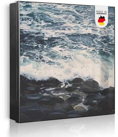 banjado Großer Schlüsselkasten Metall - Schlüsselbox 30x30cm beschreibbarer mit 32 Haken - Schlüsselkasten modern für Schlüsselaufbewahrung - Korpus Schwarz Scharnier Rechts - Motiv Gischt