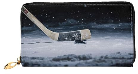 PQruop Damen-Geldbörse mit Hockeyschläger-Aufdruck, lange Leder-Clutch, Metall-Reißverschluss, Kreditkartenhalter, Reisebrieftasche