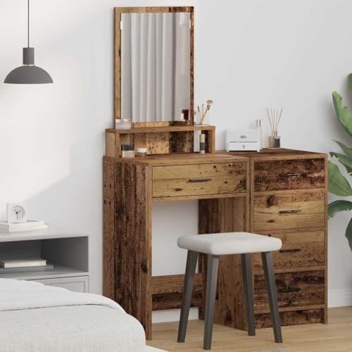 Drillkyn Tavolo da toeletta con ripiano, in legno anticato, 50 x 41 x 140 cm, robusto e durevole, con specchio, salvaspazio, moderno, per camera da letto