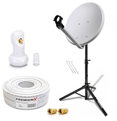 Premium X Camping Satelliten-Komplettanlage 45cm Satelliten-Schüssel SAT Single LNB Ständer Dreibein-Stativ 10m Kabel 2X F-Stecker