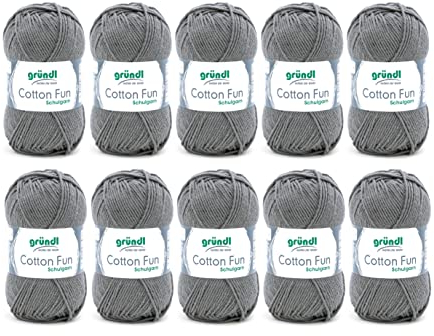Gründl Wolle Cotton Fun - Wolle zum Häkeln - Strickgarn - Häkelgarn - Pflegeleicht und hautfreundlich - 100 % Baumwolle - 10 Knäuel 50 g / 115 m - Nadelstärke 3 - 4 - Anthrazit