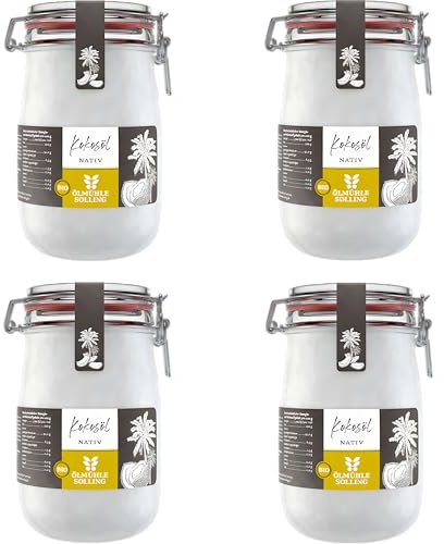ÖLMÜHLE SOLLING - BIO Kokosöl | 100% natives Bio-Kokosnussöl | Ideal geeignet zum Braten, Backen und Frittieren, als Haut-& Haarpflege sowie für Hunde und Katzen | Inhalt: 4 x1 L im Bügel-Glas