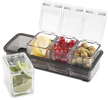 Final Touch Condiment Dispenser Holder - 4 Compartment Garnish Bar Caddy 5 Piece Set Includes 4 Removable Containers and A Non-Slip Base Holds Cocktail Ingredients Cherries Olives Lemons Or Limes