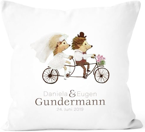 SpecialMe® personalisierbare Kissenhülle zur Hochzeit, Hochzeitskissen Igel Fahrrad Tandem Hochzeitsgeschenk Geldgeschenk Weiss Unisize