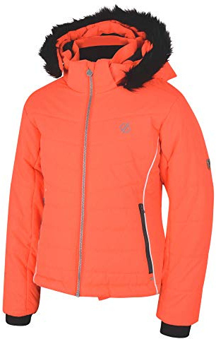 Dare 2b Predate Waterproof & Breathable High Loft Insulated Quilted Silhouette Ski & Snowboard Jacket with Detachable Faux Fur Hood And Snowskirt Waterproof Insulated Jackets - Fiery Coral, 3-4