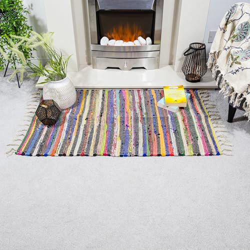 ETHNICITI Multicoloured Cotton Recycled Hand Loom Area Chindi Rag Rug Bohemian Reversible Stylish Mat Peg Shabby Hallway Bedroom Lounge Living Dining Study Utility Room Pet Yoga High Traffic - 50x80cm
