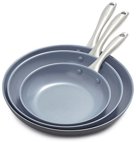 GreenPan Lima Hard Anodized 8 10 & 12 Frying Pan Skillet Set, Ceramic Nonstick, PFAS-Free Nontoxic Pots & Pans, Oven & Broiler Safe, Stainless Steel Handles, Cookware for Eggs & Omelet, Gray