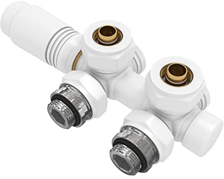 EMKE Multiblock Radiator Valve Fittings, Tap Block Heating Accessories Corner and Passage Shape 50 mm, Valve Tap Block Radiator Valve with Thermostat (for 16 mm Pipes x G1/2 Inch, 1 Piece, White)