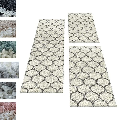 Carpettex Bettumrandung Schlafzimmer 3teilig Shaggy Teppich Hochflor Muster Kachel Tile Jacquard Creme Bettset:2 mal 60x110 + 1 mal 80x150 - Bettvorleger Schlafzimmer Läufer Set Bettumrandung Teppich