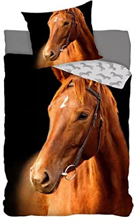 BrandMac Pferde-Bettwäsche aus 100% Baumwolle - Pferdekopf - Deckenbezug 140 x 200 cm - Kissenbezug 70 x 90 cm - robuste Leinenqualität, Oeko-TEX geprüft