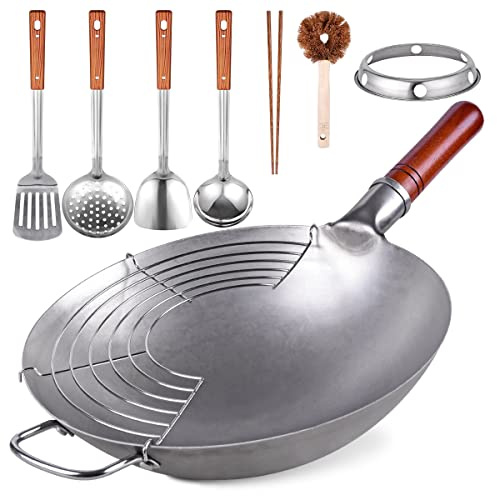 Teewe Carbon Steel Wok Traditional Hand Hammered - 13.4 Chinese Woks Round Bottom Wok Pan Set with 8 Pcs Cookware Accessories