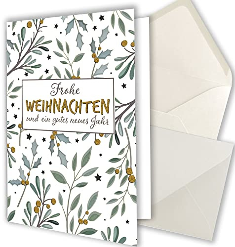 5x XL Weihnachtskarten-Set DIN A5 in Weiß mit Eukalyptus- und Mistelzweigen - Faltkarten mit passenden Umschlägen DIN C5 Naturweiß mit Nassklebung - Weihnachtsgrüße für Firmen und Privat