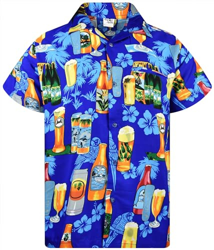 King Kameha Funky Hawaii-skjorta för män, kortärmad framficka, party, drycker, ölflaskor, tryck, ölflaskor-blå, XL