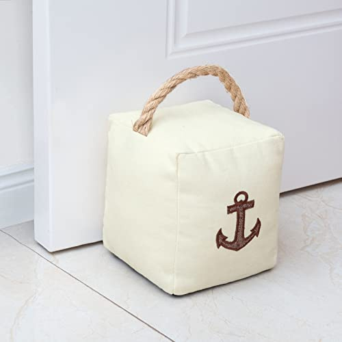 Marwood Stoff-Türstopper Dekorative Türstopper für Haus und Büro, 1.5kg gewichteter Innen-Türstopper Heavy Duty weicher Türstopper mit Griff und nautischem Anker Design - 12.7x15.2cm Beige