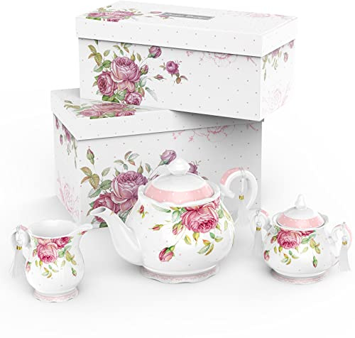 London Boutique Juego de Tetera Grande para Leche, Azucarero y Té de la Tarde - Porcelana China, Caja de Regalo Vintage Flora, 1300 ml