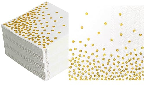 CEILIWEN Tovaglioli Bianchi e Oro - Confezione da 100, 33 x 33 cm - Per Cocktail, Feste di Compleanno e Bambini