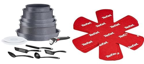 Tefal Ingenio Batterie de cuisine 14 p, Casseroles, Poêles, Sauteuse, Induction, Empilable & Set de 4 Protectors, Plastique, Rouge, 38 x 36 x 1 cm