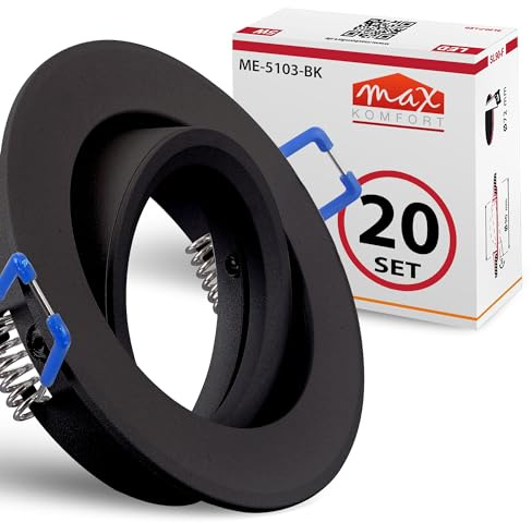 Maxkomfort 20x Einbaustrahler Schwarz Matt 5103-BK IP20 mit GU10 Fassung, Schwenkbarer, Rund, – Rostfrei & Flexibel