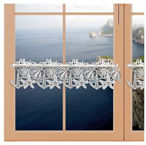 artex deko Feenhaus-Scheibengardine AHOI Echte Plauener Spitze Maritime Spitzengardine mit Seestern, Muschel und Anker Badgardine 18 x 160 cm