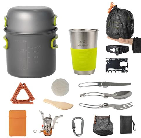 WAILAMHK Camping Cookware Mess Kit, 16 pcs Backpacking Cooking Set, Lightweight Camping Pots and Stove Set for 1-2 Person, Outdoor Cooking Gear Ideal for Camping, Hiking, Backpacking and Picnic