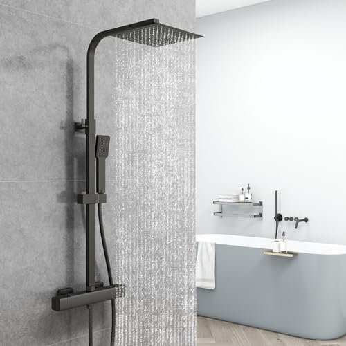 AICAIT Colonne Doccia Termostatiche, Miscelatore Termostatico Doccia con Soffione 25x25cm in Acciaio Inox, e Rubinetto 280x40mm, Altezza Regolabile 740-1275mm, Nero Opaco