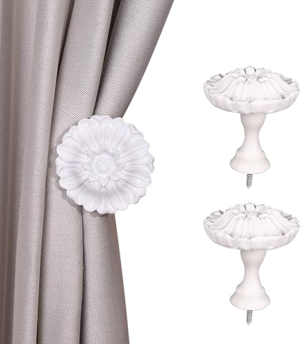 SUQIOME Set of 2 Blossom Window Drapery Medallion Holdbacks,Curtain Tiebacks, Wall Hook, Tassel Holder (White)