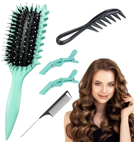 Yeria Brosse Cheveux Bouclés – Kit 5 Pièces : Curl Brush, Peigne Dents Larges, Peigne à Queue & 2 Pinces – Méthode Curly 2A à 4C – Anti-frisottis, Sans Casse, Mixte