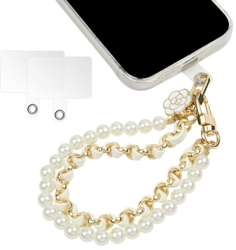 OFFCUP Handy-Armband, Handy Perlen Schlüsselband mit 2 Handy Patch, Handykette Perlen Leder Doppelkette Handyanhänger, Handy-Charm, Handy Lanyard, Handykette Handyband Handschlaufe