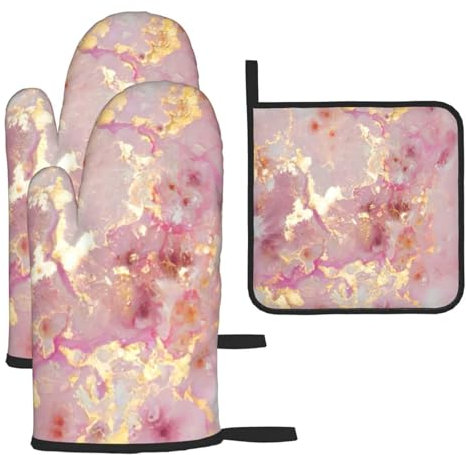 Set di 3 guanti da forno e presine in marmo rosa, resistenti al calore, regalo da cucina per cucinare