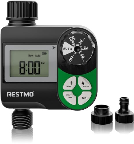 RESTMO Water Timer with 3 Separate Programs, 7-Day Programmable Sprinkler Timer for Garden Hose, Automatic Control/Manual/Rain Delay for Drip Irrigation, Lawn and Yard Watering System
