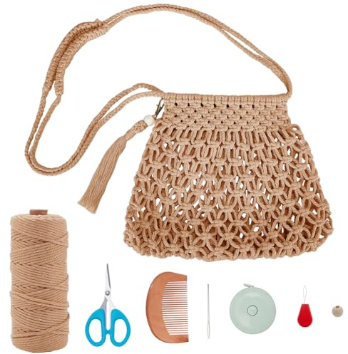 INFUNLY DIY Macrame Bag Kit for Adults Beginners Boho Macrame Shoulder Bag Kit with Beads Tassels DIY Cotton Rope Handbag Kit with Instructions Handmade Macrame Bag Starter Kit for Women Girls Gifts