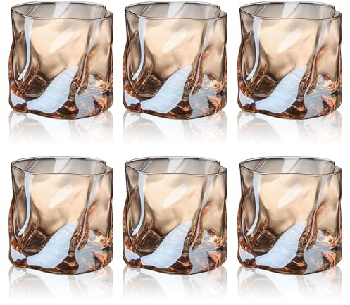Chingcoo 6 stycken whiskyglas, 200 ml oregelbundna kristallwhiskyglas blyfria kristallglas, whiskyglas perfekt för barer, lägenheter, kök och som present (bersten)
