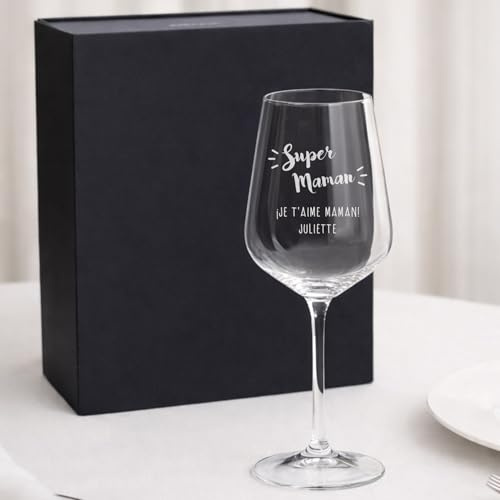 Wanapix | Verre à Vin Personnalisé | Option coffret cadeau | Super maman | Verre de Bohême, contenance 45 centilitres, verre gravé au laser