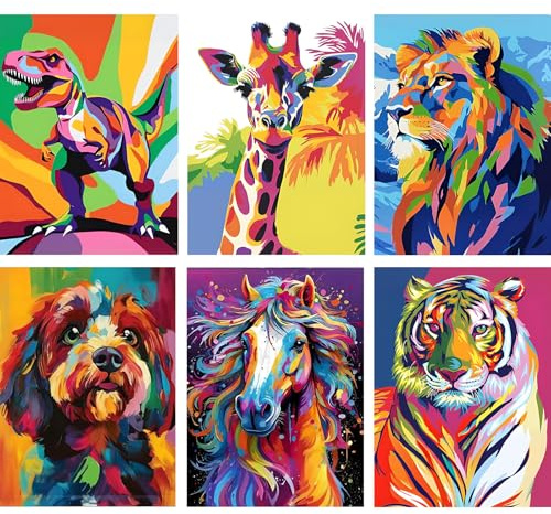 Jawecci 6 Pack Diamond Art Kits for Adults Beginners, Colorful Animals Diamond Painting, 5D DIY Full Drill Dinosaur Tiger Diamond Painting Gifts for Home Decor 30x40cm/12x16in