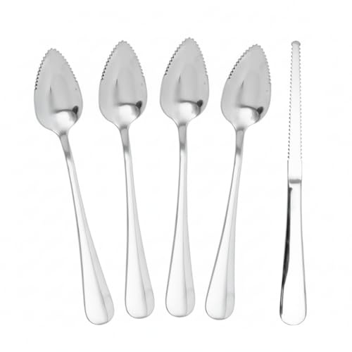 5Pcs Stainless Steel Grapefruit Spoons Set with Serrated Edge (4 Spoons + 1 Knife) - Silver Kitchen Utensils for Citrus, Kiwi, Lemon, Melon, Fruit Puree