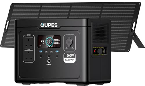 OUPES Exodus 1500 Portable Power Station with 240W Solar Panel Kit, 1488Wh Solar Generator with 1500W(3600W Surge) AC Outlets, UPS, Dual 140W USB-C Outputs for Home Backup, Camping, Power Outages