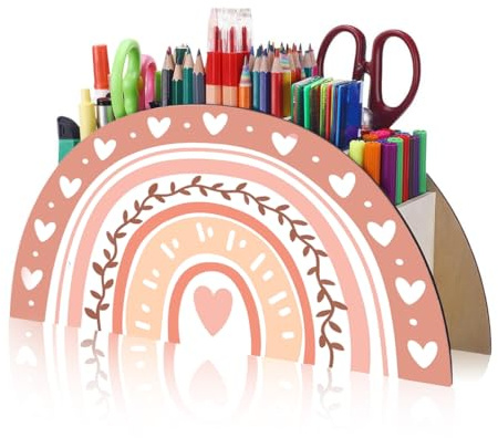 THQAE Stiftehalter Schreibtisch Organizer Holz Stiftebox Kinder Stifteköcher Aufbewahrung Regenbogen Stifte Organizer Stifte Halter Stifthalter Schreibtisch Zubehör für Büromaterial Schule（Rosa Herz）