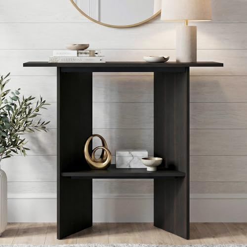 Manroa Schmaler Konsolentisch Schwarz Holz 80 cm Breit,Console Table,Flurtisch hinter Sofa,Beistelltisch Hoch,Schmaler Sofatisch für Wohnzimmer，Flur,Modern Stil(Bräunlich-schwarz)