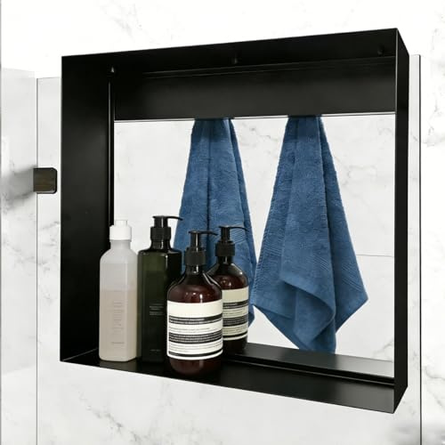 Hanging Shower Shelf with Hooks, Bathroom Caddy Shower Organizer for Shower Glass Panels, Rustproof Metal Shelves for Bathroom, No-Drill Wall Mounted, Black