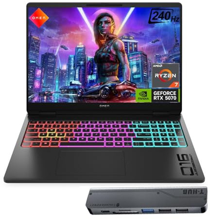 HP Omen MAX RTX 5070 Gaming Laptop, 16 WQXGA 240Hz, AMD Ryzen AI 7 350, 32GB DDR5 RAM, 1TB SSD, HyperX-Tuned RGB Backlit Keyboard & Audio, Bundle with Thunderobot 7 in-1 USB-C Hub, Win 11 Home, Black