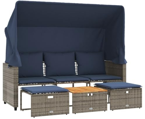 HFXHIJXQ Divano da giardino a 3 posti con tetto retrattile, sgabello e tavolo, set di mobili da giardino in polyrattan grigio, set lounge per terrazza, balcone e giardino, con cuscini in blu navy