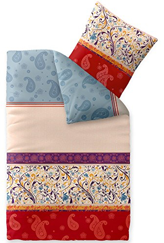 CelinaTex Touchme Biber Bettwäsche 135 x 200 cm 2teilig Baumwolle Bettbezug, Set, Bettgarnitur für Sommer und Winter, ganzjährig, pflegeleicht, Megan Ornamente beige blau rot