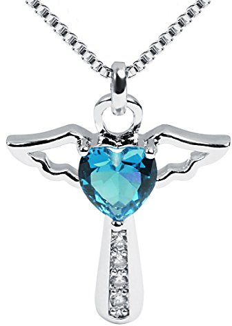 Ckysee Silver Plated Angel Birthstone Necklace,Cubic Zirconia Cross Necklace for Women,First Communion Baptism Gifts (December- Topaz)