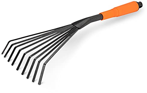 Meccion Mini Garden Rake 16 Inch 9 Root Steel Hand Fan Leaf Rake with Ergonomic Comfort Grip & Rust Resistant - Professional Gardening Tool