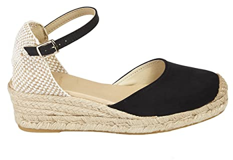 NO ES LO MISMO – espadillesandaler från jute med kilklack för damer | platåskor 3 snören espadrilspänne | stängd skospets | färg: Sandfärg, grön, rosa, marinblå och mer, - svart - 38 EU