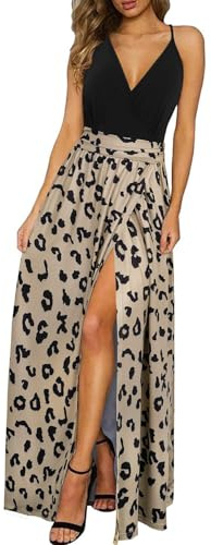 Newshows Women's Summer V Neck Spaghetti Strap Sleeveless Casual Split Long Maxi Wedding Guest Dress Leopard 01,S