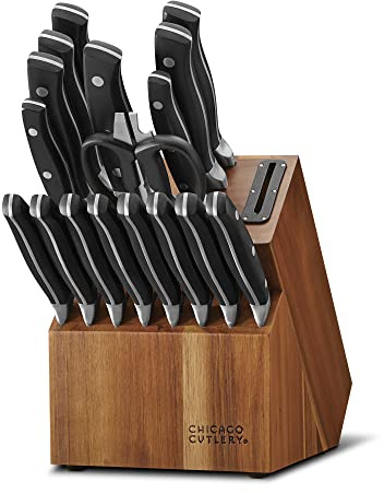 Chicago Cutlery Insignia Triple Rivet Poly (18-PC) Kitchen Knife Block Set With Wooden Block & Built-In Sharpener, Black Ergonomic Handles and Sharp Stainless Steel Professional Chef Knife Set