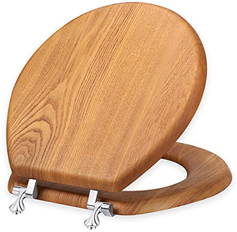 Tavoletta per WC rotonda, in legno naturale impiallacciato con cerniere in metallo, facile da pulire, robuste cerniere cromate (tondo, legno)